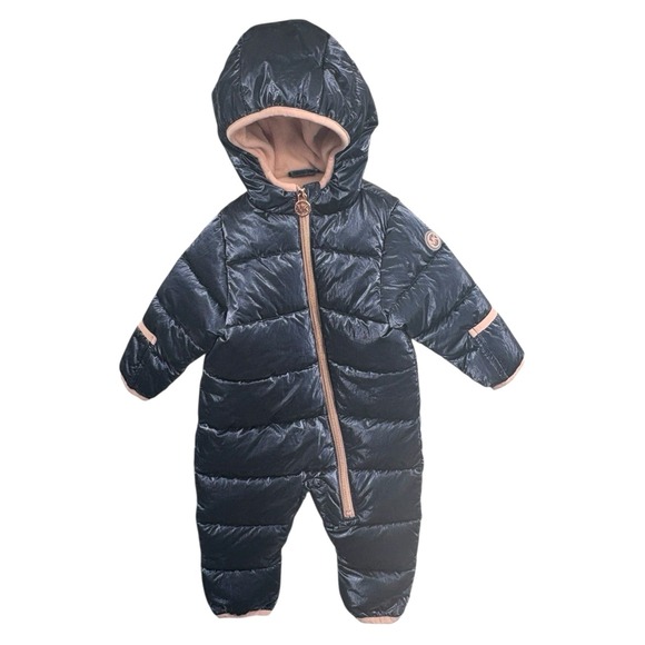 Michael Kors Baby Snowsuit Puffer Navy Blue 0-6 Month Hood Pocket Foot Covers - Picture 3 of 4